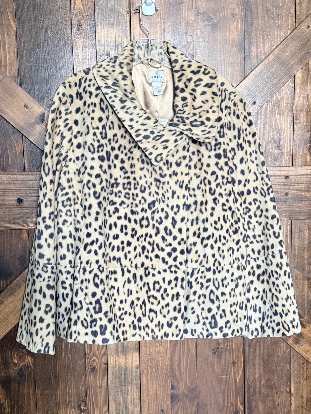 NWT CHICO’s Leather Animal Print Asymmetrical Shawl Collar Cropped Jacket Size 3